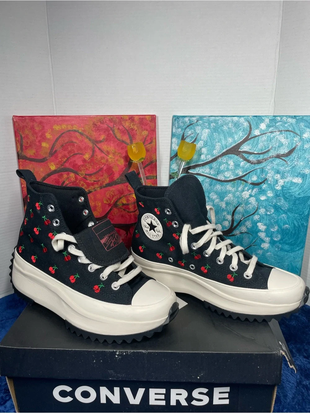Converse women’s Black High-Top Sneakers size 8.5 with Red Cherry Embroidery.